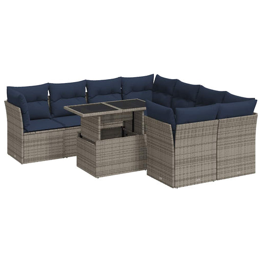 9-tlg. Garten-Sofagarnitur mit Kissen Grau Poly Rattan Akazie