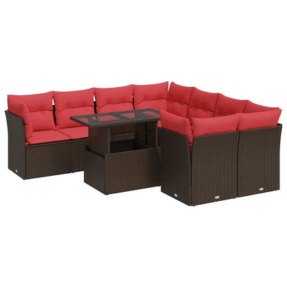 9-tlg. Garten-Sofagarnitur mit Kissen Braun Poly Rattan Akazie