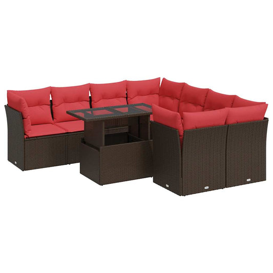 9-tlg. Garten-Sofagarnitur mit Kissen Braun Poly Rattan Akazie