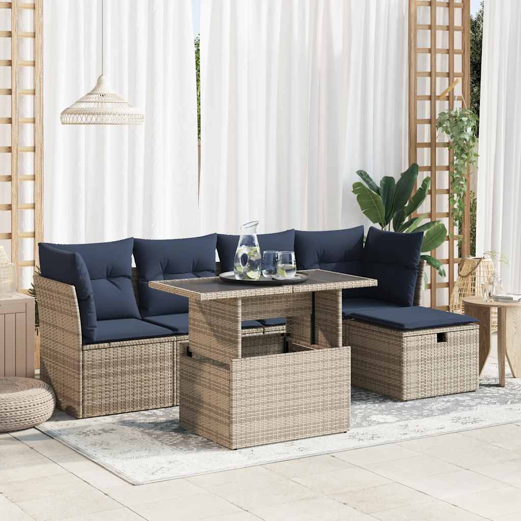 6-tlg. Garten-Sofagarnitur mit Kissen Grau Poly Rattan Akazie