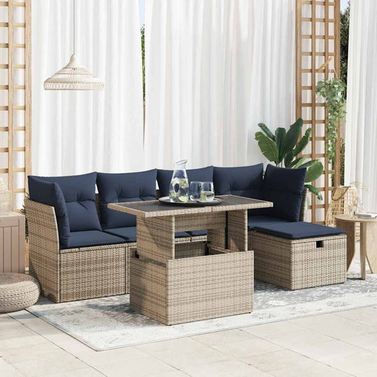 6-tlg. Garten-Sofagarnitur mit Kissen Grau Poly Rattan Akazie