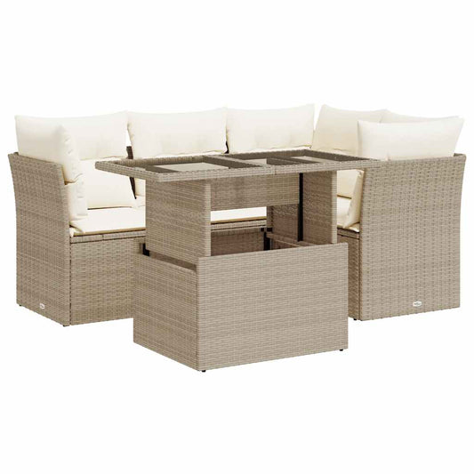 5-tlg. Garten-Sofagarnitur mit Kissen Beige Poly Rattan