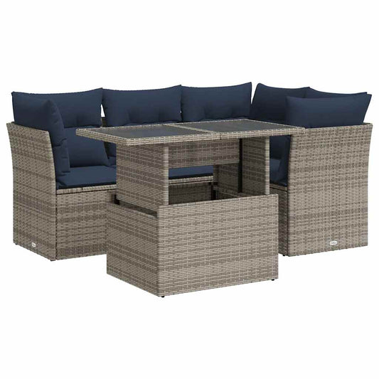 5-tlg. Garten-Sofagarnitur mit Kissen Grau Poly Rattan Akazie