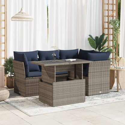 5-tlg. Garten-Sofagarnitur mit Kissen Grau Poly Rattan Akazie