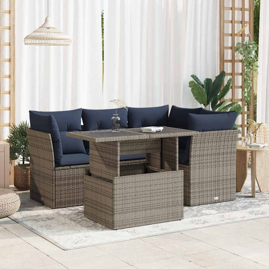5-tlg. Garten-Sofagarnitur mit Kissen Grau Poly Rattan Akazie
