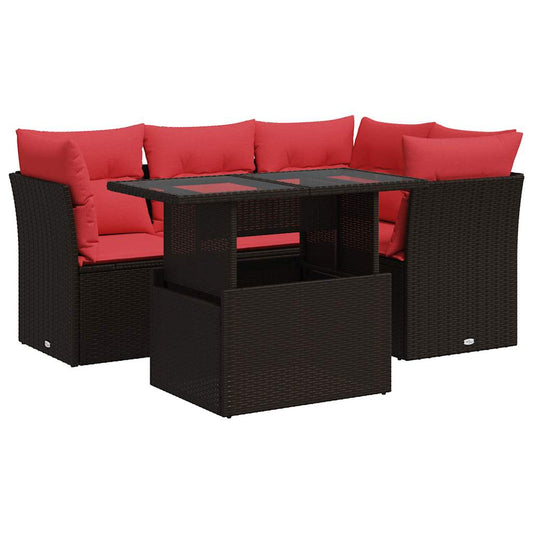 5-tlg. Garten-Sofagarnitur mit Kissen Braun Poly Rattan Akazie
