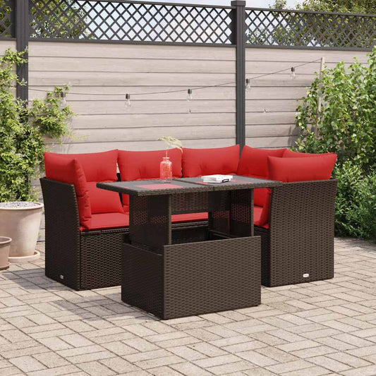 5-tlg. Garten-Sofagarnitur mit Kissen Braun Poly Rattan Akazie