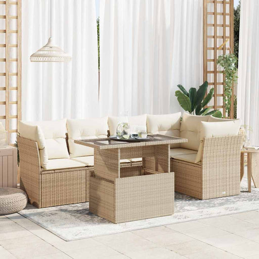 6-tlg. Garten-Sofagarnitur mit Kissen Beige Poly Rattan