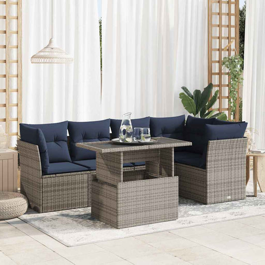 6-tlg. Garten-Sofagarnitur mit Kissen Grau Poly Rattan Akazie