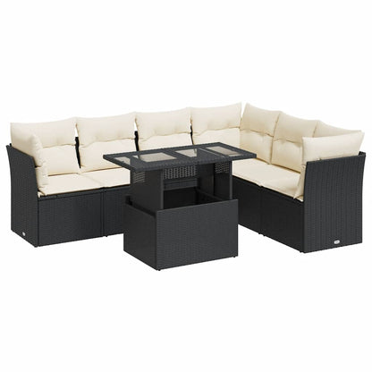 7-tlg. Garten-Sofagarnitur mit Kissen Schwarz Poly Rattan