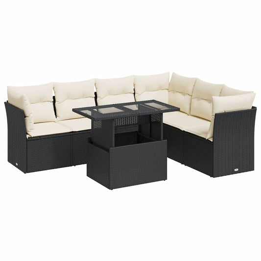 7-tlg. Garten-Sofagarnitur mit Kissen Schwarz Poly Rattan