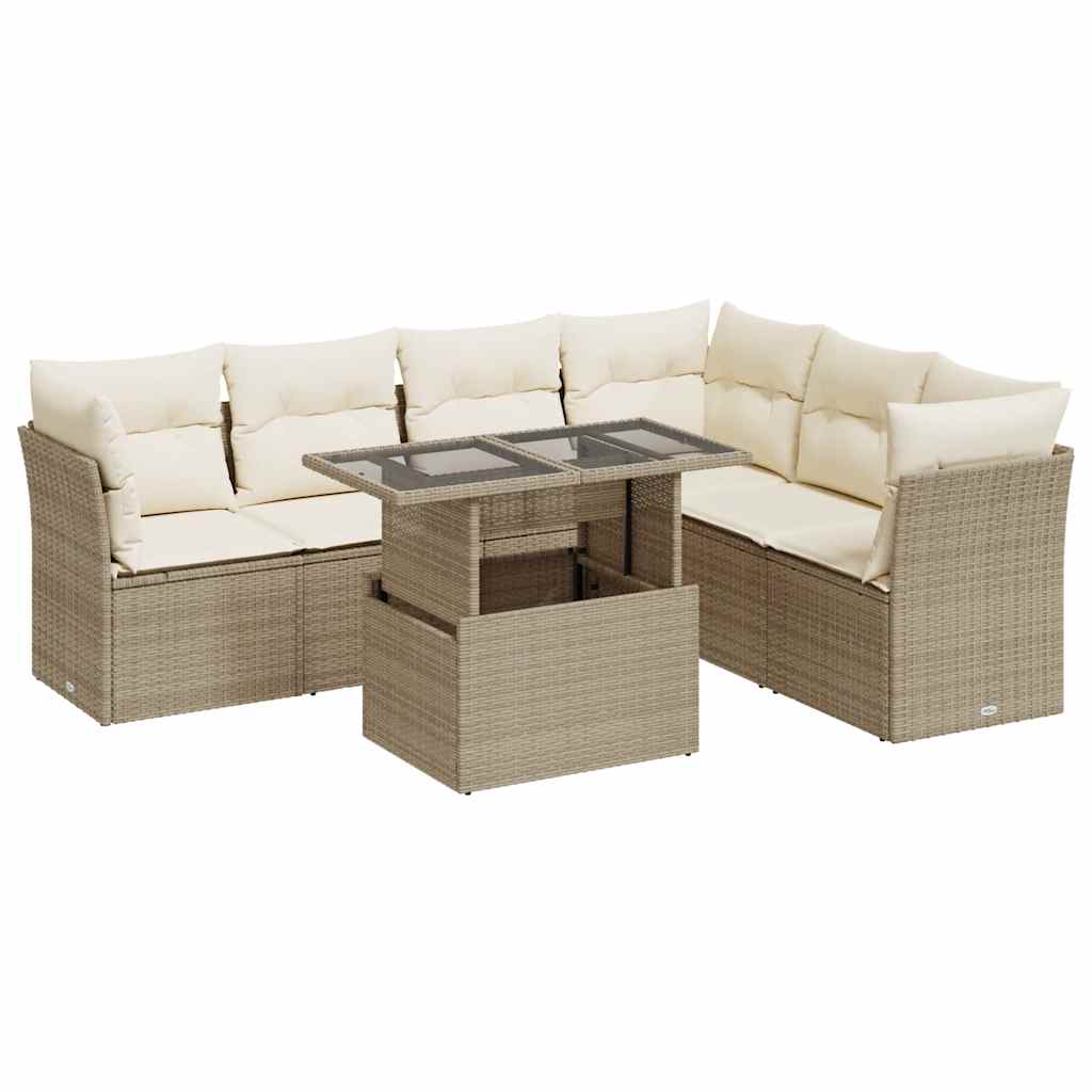 7-tlg. Garten-Sofagarnitur mit Kissen Beige Poly Rattan
