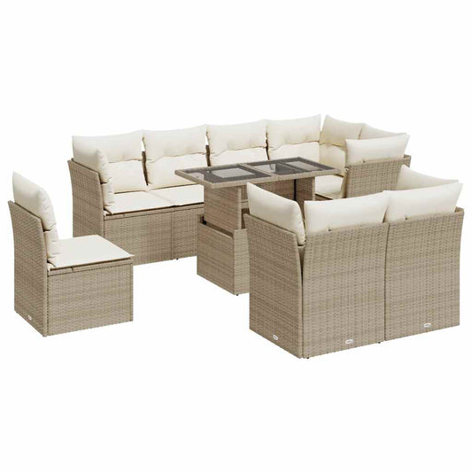 9-tlg. Garten-Sofagarnitur mit Kissen Beige Poly Rattan
