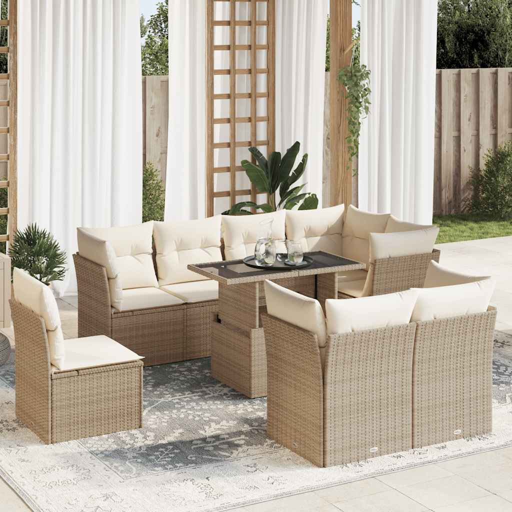 9-tlg. Garten-Sofagarnitur mit Kissen Beige Poly Rattan