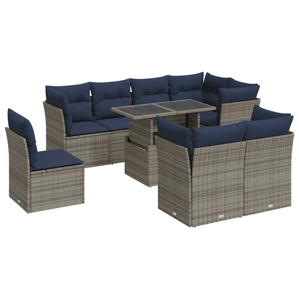 9-tlg. Garten-Sofagarnitur mit Kissen Grau Poly Rattan Akazie