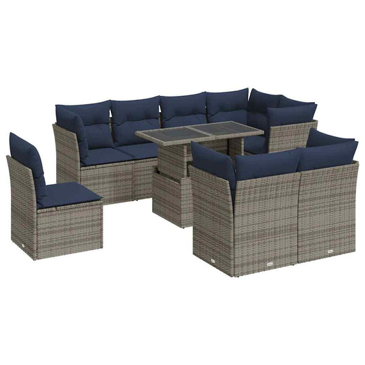 9-tlg. Garten-Sofagarnitur mit Kissen Grau Poly Rattan Akazie