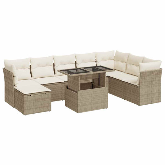 9-tlg. Garten-Sofagarnitur mit Kissen Beige Poly Rattan