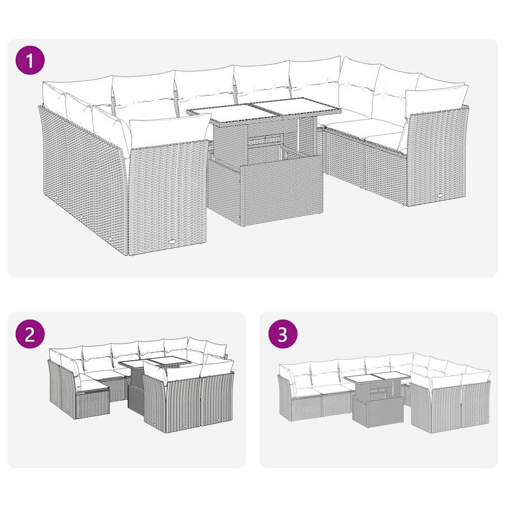 10-tlg. Garten-Sofagarnitur mit Kissen Grau Poly Rattan Akazie