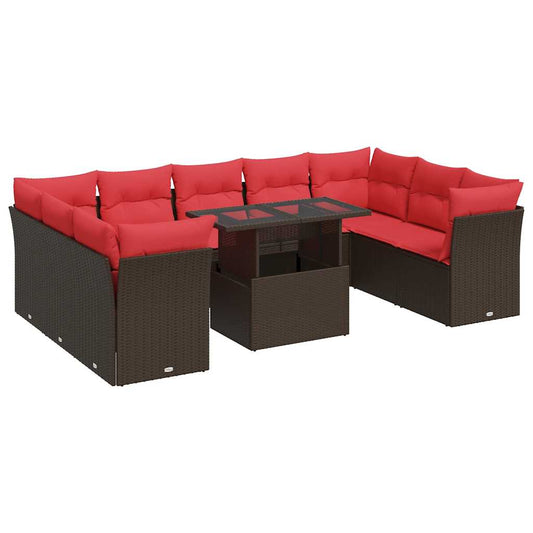 10-tlg. Garten-Sofagarnitur mit Kissen Braun Poly Rattan Akazie