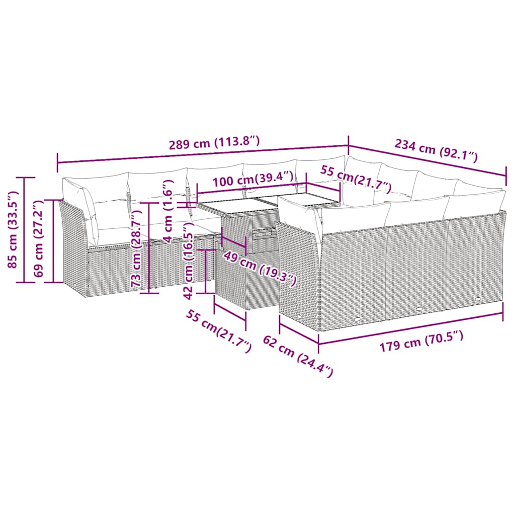 11-tlg. Garten-Sofagarnitur mit Kissen Schwarz Poly Rattan