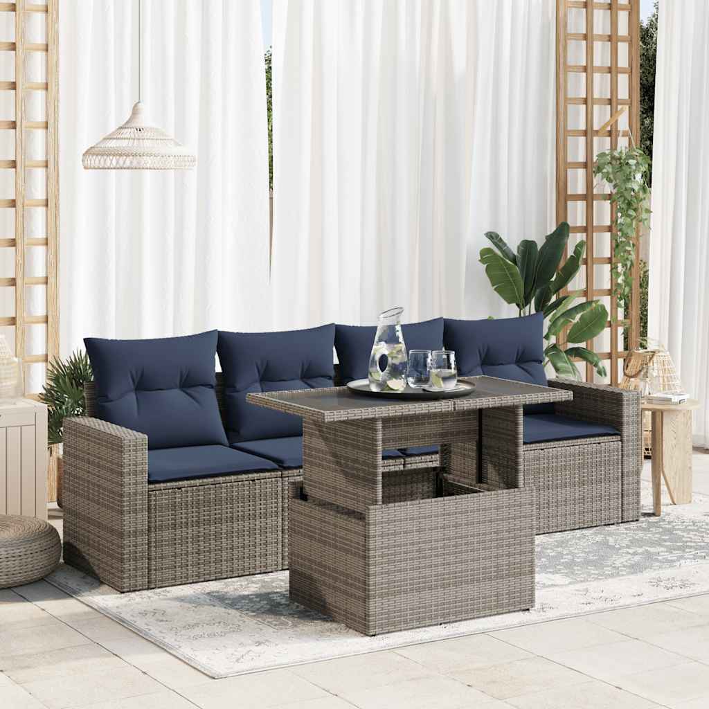 5-tlg. Garten-Sofagarnitur mit Kissen Grau Poly Rattan Akazie
