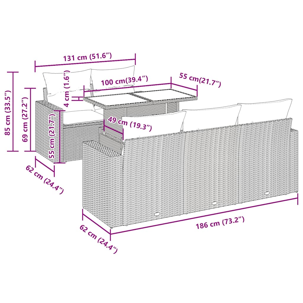 7-tlg. Garten-Sofagarnitur mit Kissen Schwarz Poly Rattan