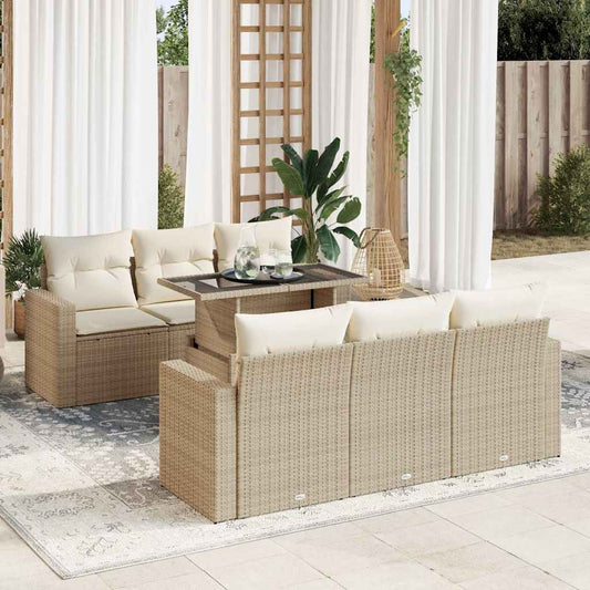 7-tlg. Garten-Sofagarnitur mit Kissen Beige Poly Rattan