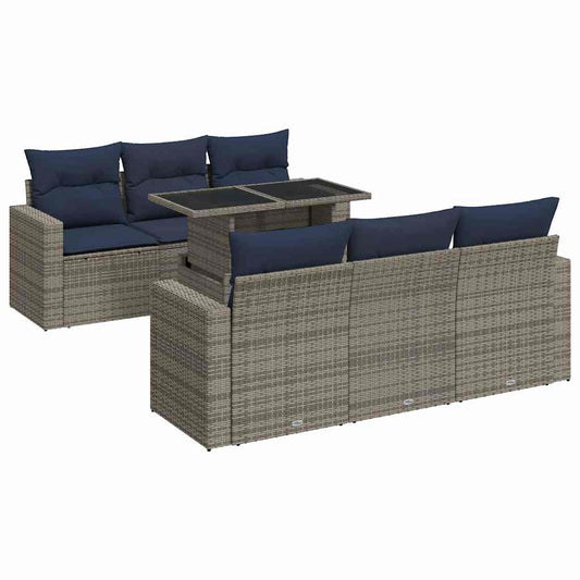 7-tlg. Garten-Sofagarnitur mit Kissen Grau Poly Rattan Akazie