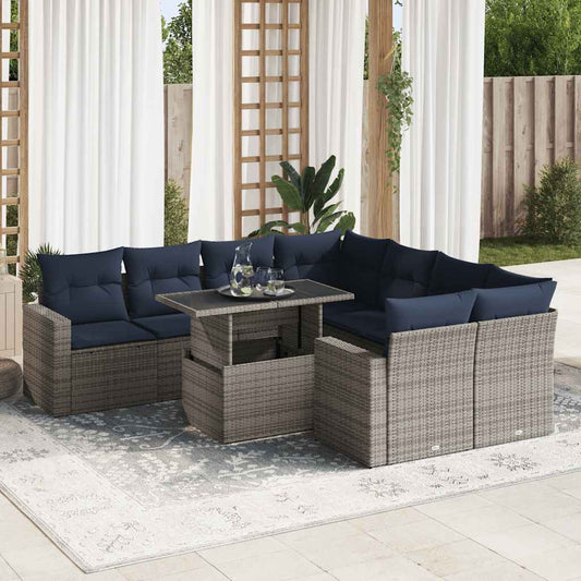 9-tlg. Garten-Sofagarnitur mit Kissen Grau Poly Rattan Akazie