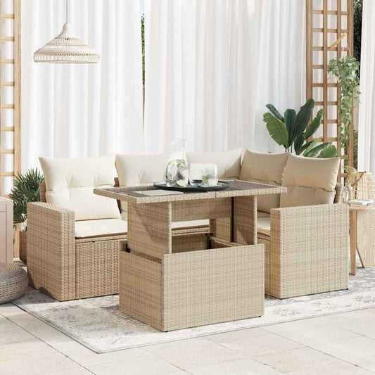 5-tlg. Garten-Sofagarnitur mit Kissen Beige Poly Rattan