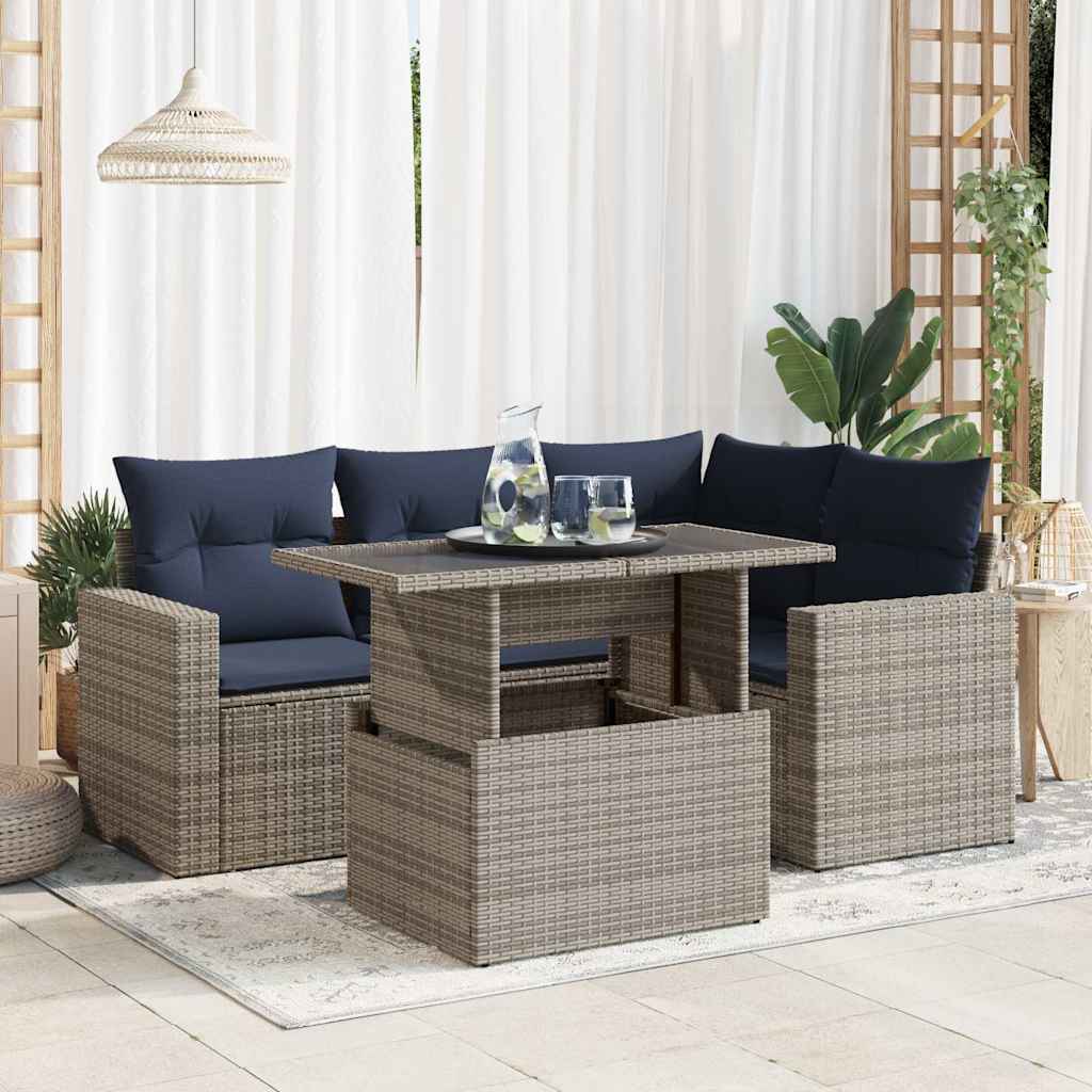 5-tlg. Garten-Sofagarnitur mit Kissen Grau Poly Rattan Akazie