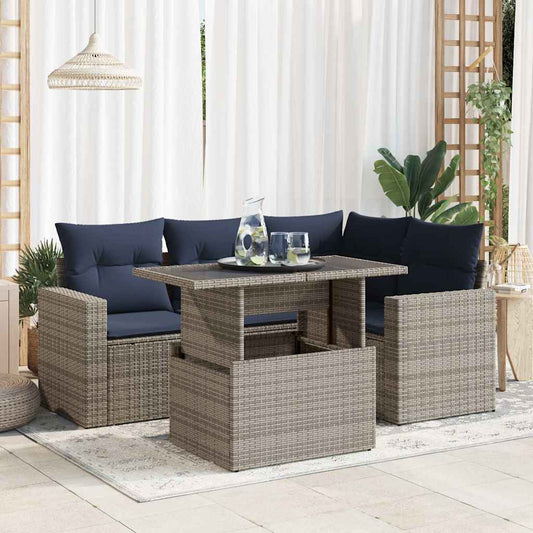 5-tlg. Garten-Sofagarnitur mit Kissen Grau Poly Rattan Akazie