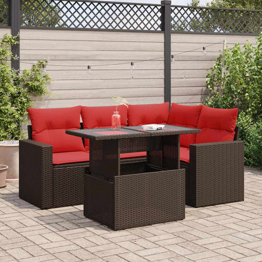5-tlg. Garten-Sofagarnitur mit Kissen Braun Poly Rattan Akazie