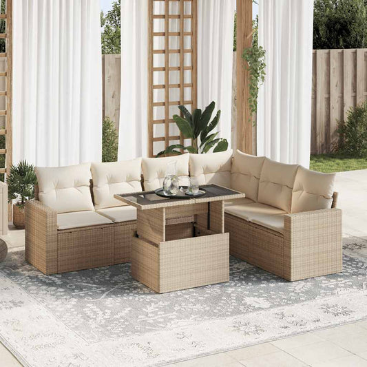 7-tlg. Garten-Sofagarnitur mit Kissen Beige Poly Rattan