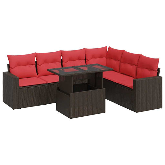 7-tlg. Garten-Sofagarnitur mit Kissen Grau Poly Rattan Akazie