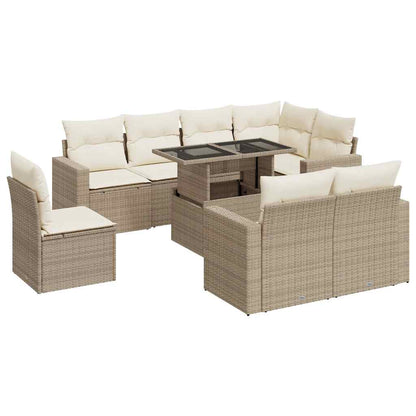 9-tlg. Garten-Sofagarnitur mit Kissen Beige Poly Rattan