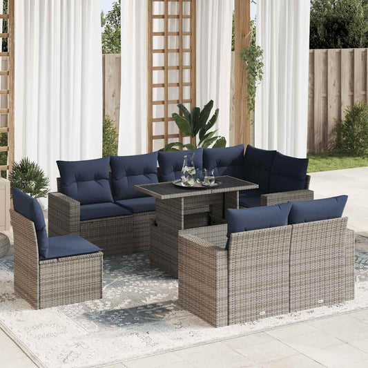 9-tlg. Garten-Sofagarnitur mit Kissen Grau Poly Rattan Akazie