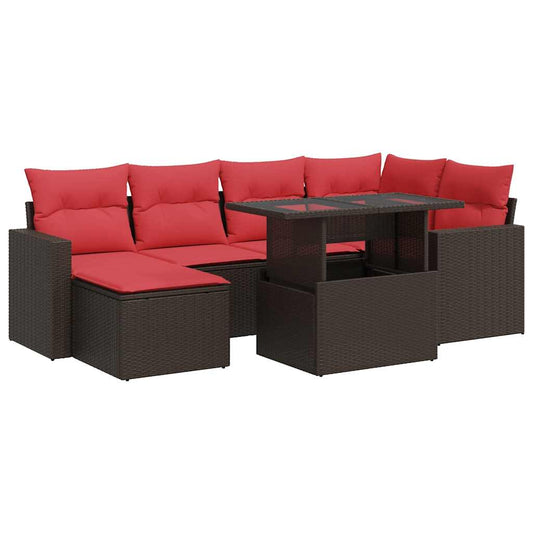 7-tlg. Garten-Sofagarnitur mit Kissen Braun Poly Rattan Akazie
