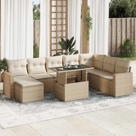 9-tlg. Garten-Sofagarnitur mit Kissen Beige Poly Rattan