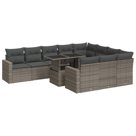 11-tlg. Garten-Sofagarnitur mit Kissen Grau Poly Rattan