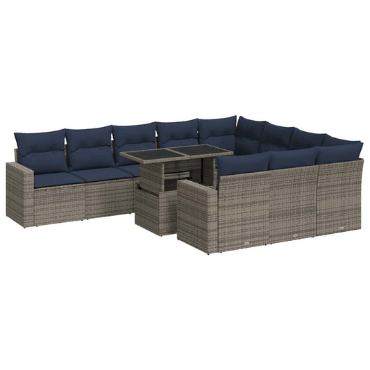 11-tlg. Garten-Sofagarnitur mit Kissen Grau Poly Rattan