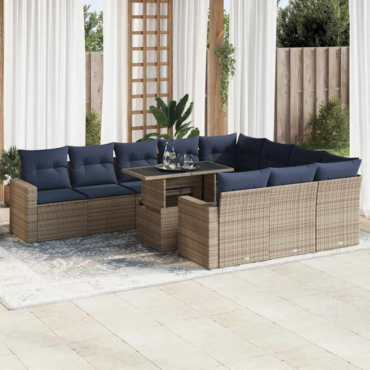 11-tlg. Garten-Sofagarnitur mit Kissen Grau Poly Rattan