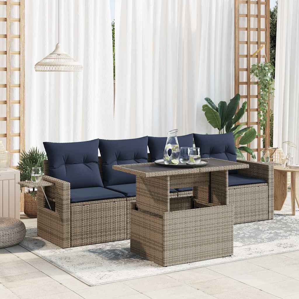 5tlg. Garten-Sofagarnitur mit Kissen Grau Poly Rattan