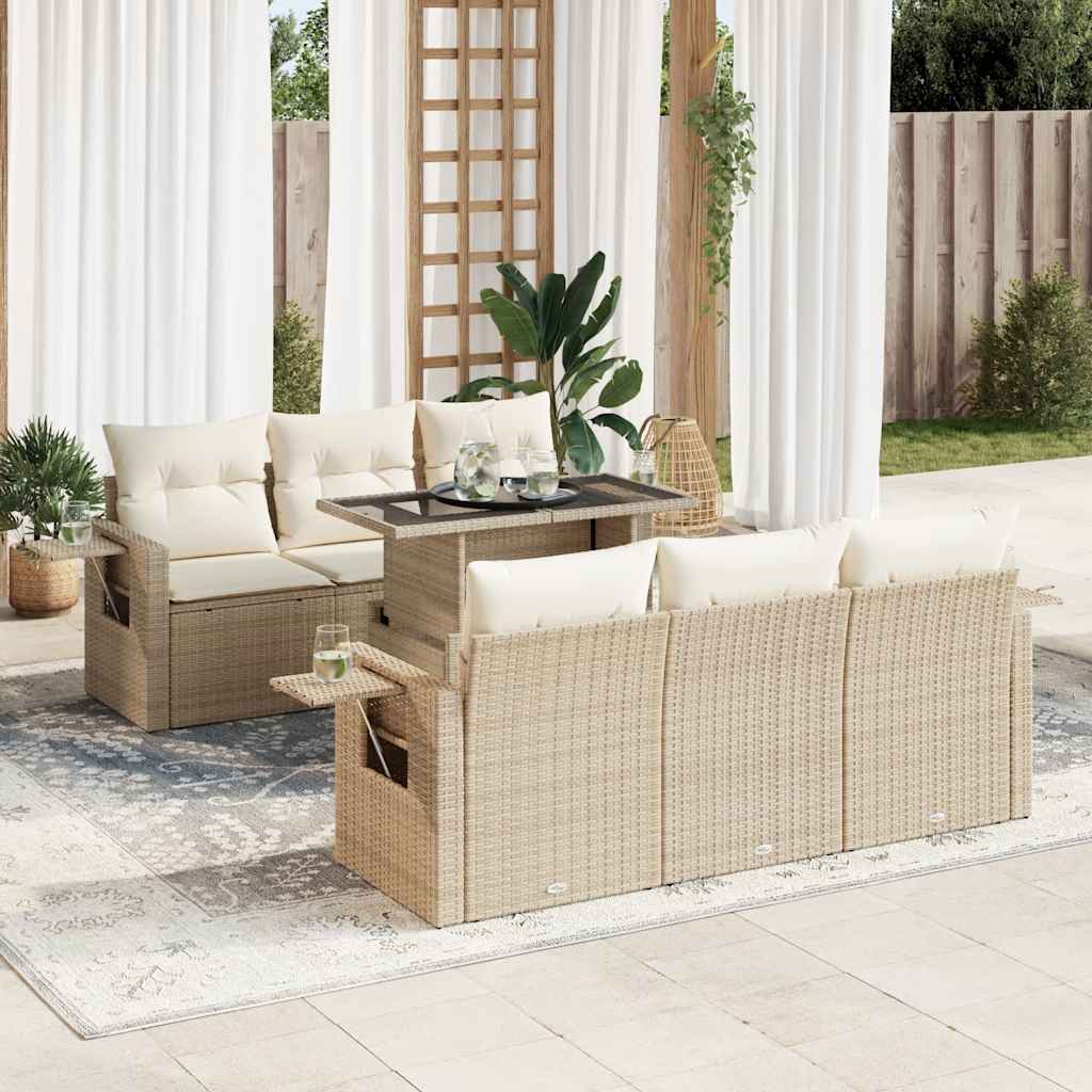 7-tlg. Garten-Sofagarnitur mit Kissen Beige Poly Rattan
