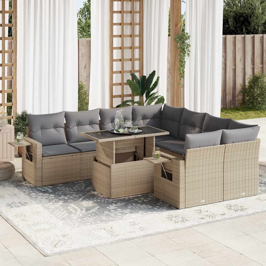 9-delt sæt Havesofasæt med puder Beige polyrattan