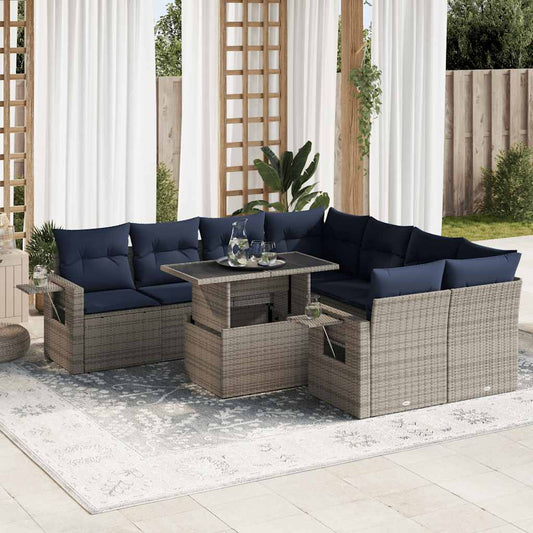 9-tlg. Garten-Sofagarnitur mit Kissen Grau Poly Rattan