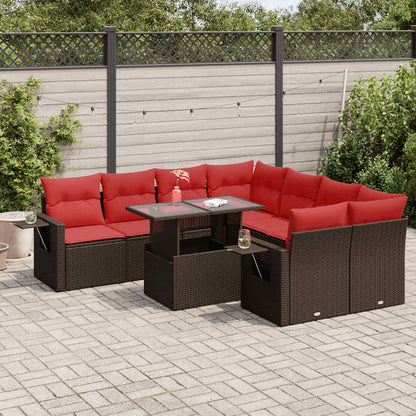 9-tlg. Garten-Sofagarnitur mit Kissen Braun Poly Rattan Akazie