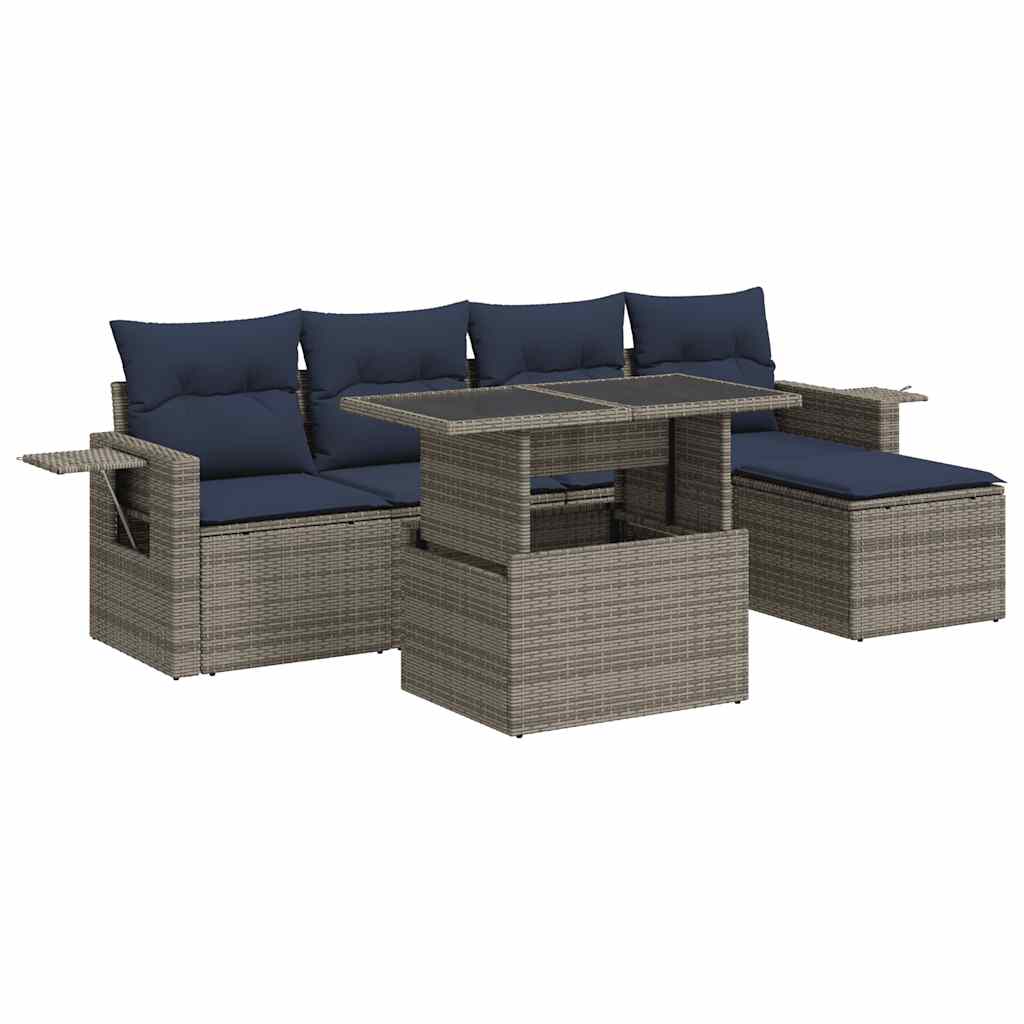 6-tlg. Garten-Sofagarnitur mit Kissen Grau Poly Rattan