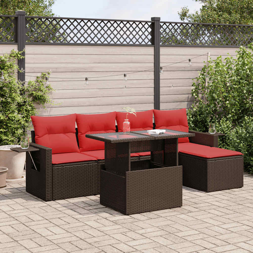 6-tlg. Garten-Sofagarnitur mit Kissen Braun Poly Rattan Akazie