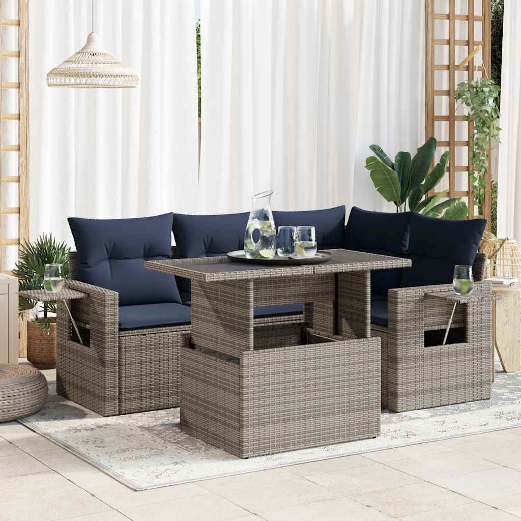 5tlg. Garten-Sofagarnitur mit Kissen Grau Poly Rattan Akazie